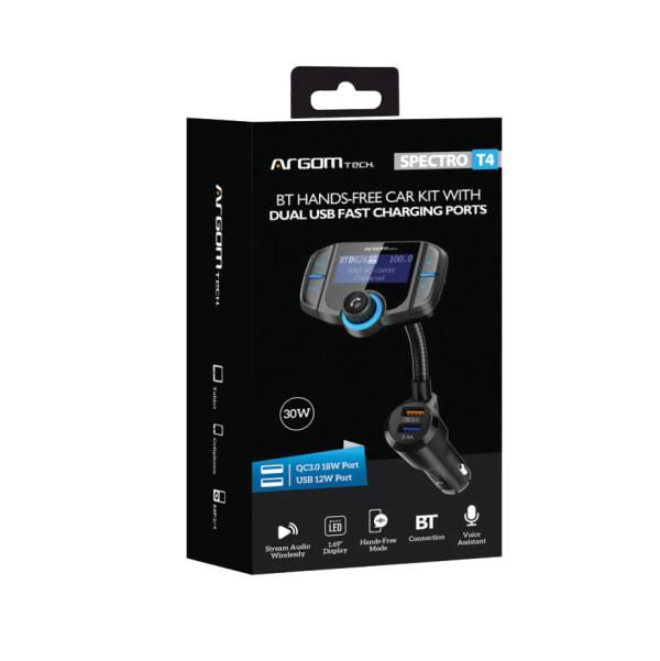 Soporte de Celular Argom para Auto Bt Manos Libres Kit T4 con Pantalla y Carga Rapida ARG-AC-0348BK