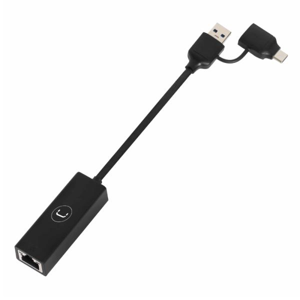 Adaptador 2 en 1 Unno Tekno AD3007BK USB-A USB-C Dual a Gigabit Ethernet 10m/100m/1gbps - Negro