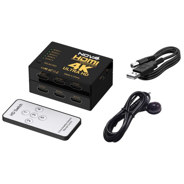 Switch Nova FAA39214001C 5 Puertos HDMI 4k*2k@30hz con Control Remoto y Cable USB-A - Negro