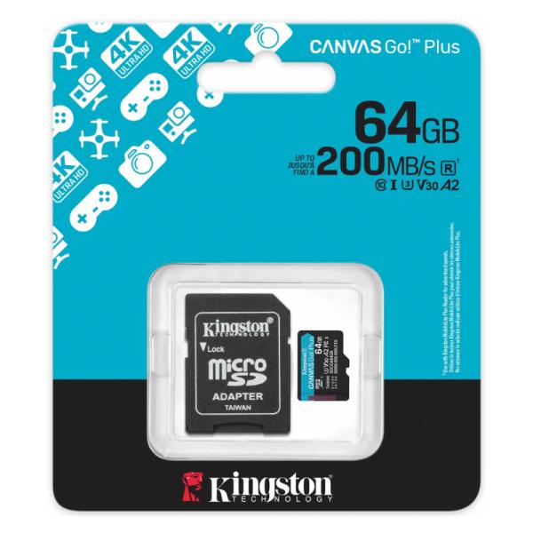 Kingston memoria microSDXC 64 GB canvas go plus gen4 200MB/s A2 U3 V30 card + ADP - SDCG4/64GB