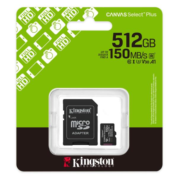 Memoria Micro Sd 512GB Kingston Clase 10 UHS-I U3 150 Mb/s para Dispositivos y Camaras Android Sdcs3/512gb - Negro