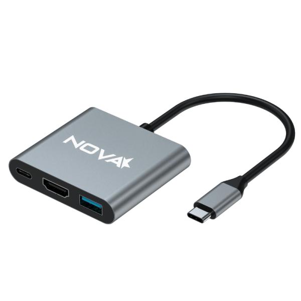 Hub Nova Ahu2s340001c 3 en 1 USB-C 1 Puerto USB-C 1 Puerto USB-A 3.0 y 1 Puerto HDMI 4K - Plateado