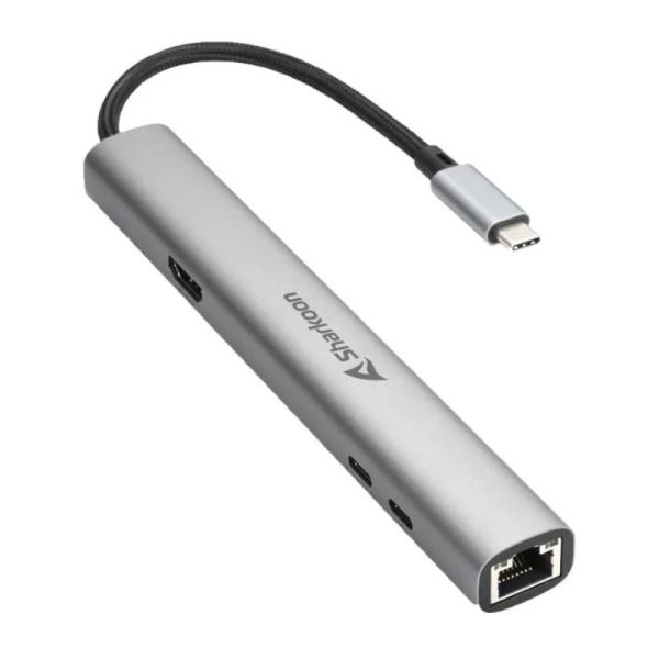 Adaptador Sharkoon Officepal Combo USB-C a USB-A y USB-C Conexión HDMI y RJ45 4044951040704 - Plateado