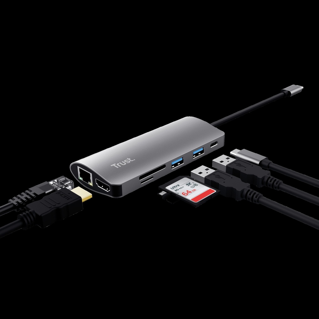 Trust adaptador 7-en-1 USB-C- HDMI- red-lector de tarjetas USB-C y USB - 23775