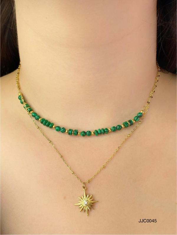 COLLAR ACERO DOBLE DORADO ESTRELLA/VERDE