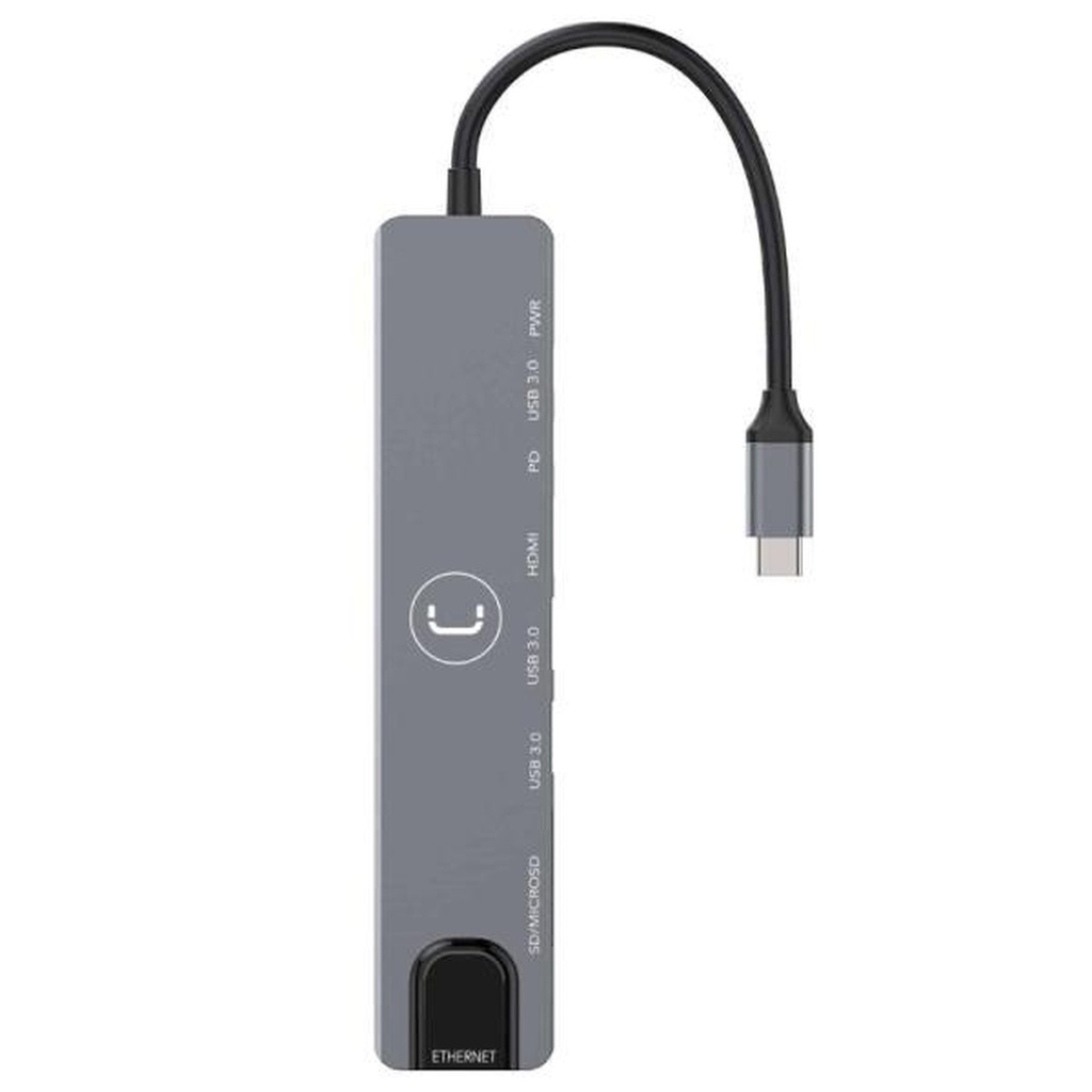 [AC10012] Hub Unno Tekno HB1109SV USB-C 8 Puertos 1 HDMI 1 RJ45 2 USB-C 2 USB-A 2 Ranuras Micro Sd 5 Gbps - Plateado