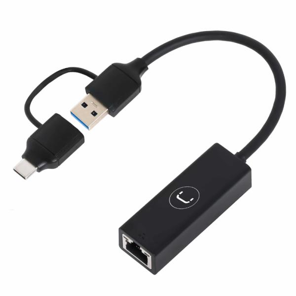 [AC1032] Adaptador 2 en 1 Unno Tekno AD3007BK USB-A USB-C Dual a Gigabit Ethernet 10m/100m/1gbps - Negro