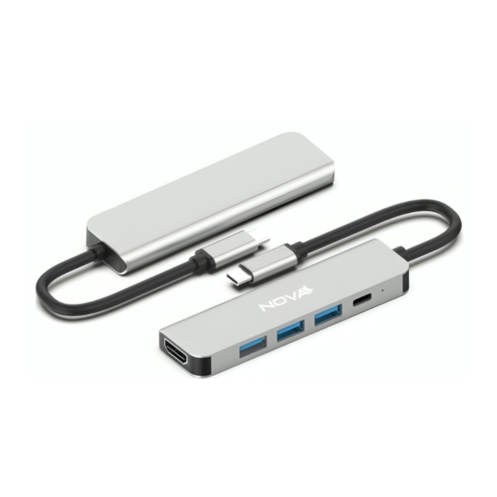 [AC10019] Hub Nova Faa382cu001c 5 en 1 USB-C 1 Puerto USB-A 3.0 2 Puertos USB-A 2.0 1 Puerto USB-C y 1 Puerto HDMI 4K - Plateado