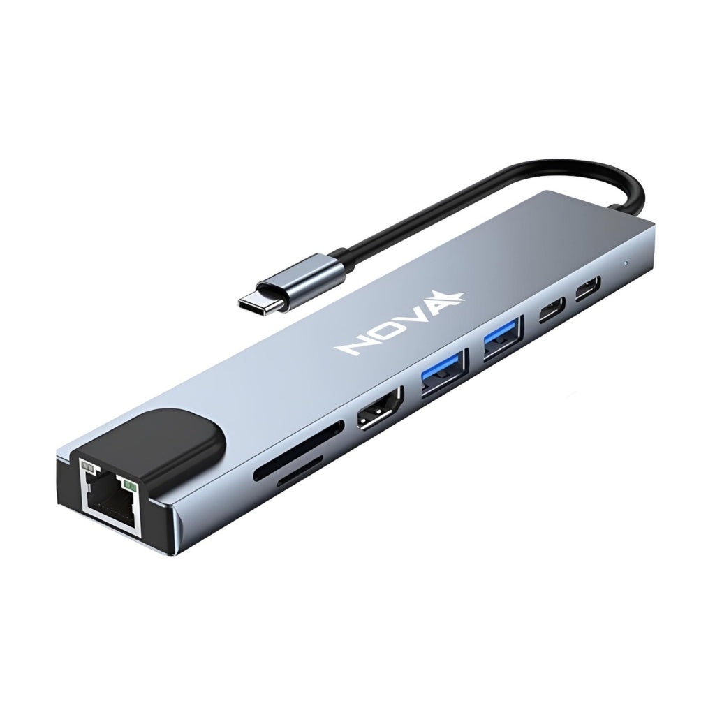 [AC10020] Hub Inteligente Nova Faa383cc001c 8 en 1 USB-C 1 Puerto Micro Sd 1 Puerto Tf Card 1 Puerto RJ45 1 Puerto USB-C 2 Puertos USB-A 3.0 1 Puerto Pd Carga Rapida y 1 Puerto HDMI 4K - Plateado