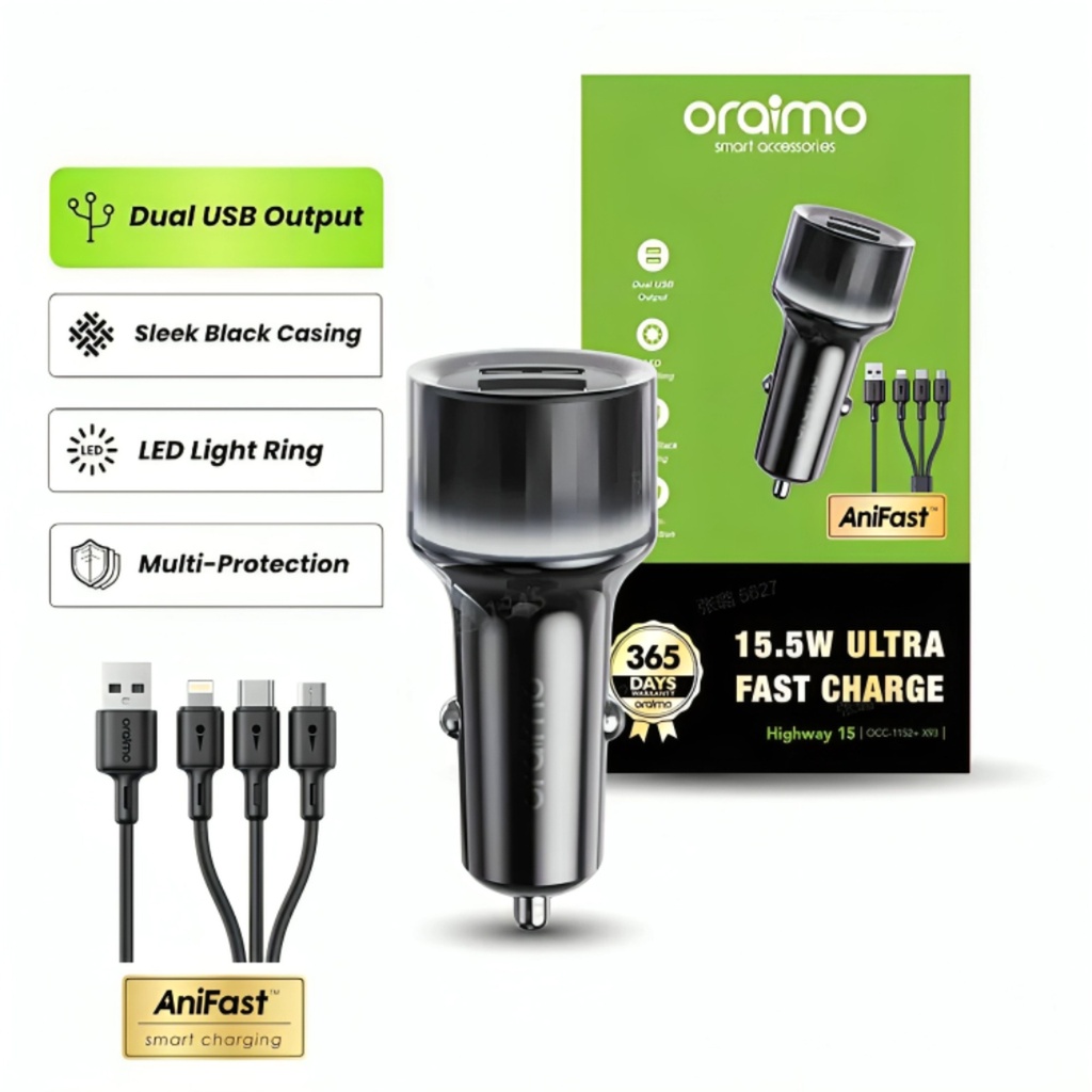 [AC6021] Cargador Oraimo Highway 15 15.5w con Cable 3 en 1 Occ-1152d+x93 - Negro