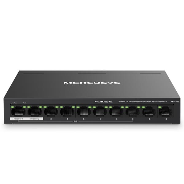 [RC5042] Switch Mercusys Ms110p(un) 10 Puertos RJ45 con 8 Puertos Poe+10/100 Mbps - Negro