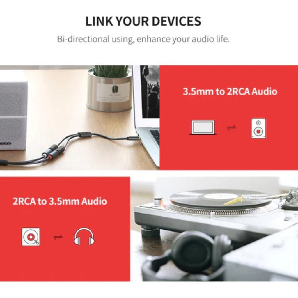 Cable Ugreen AV109 Macho 3.5mm a Hembra 2RCA 25CM 10547 - Gris