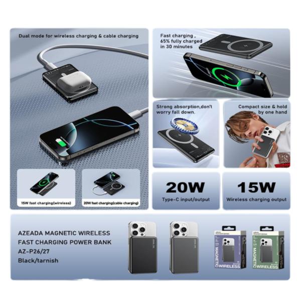 [KT-13921] Azeada Batería Portátil Carga Inalámbrica Magnética 5000mAh AZ-P26 Gris